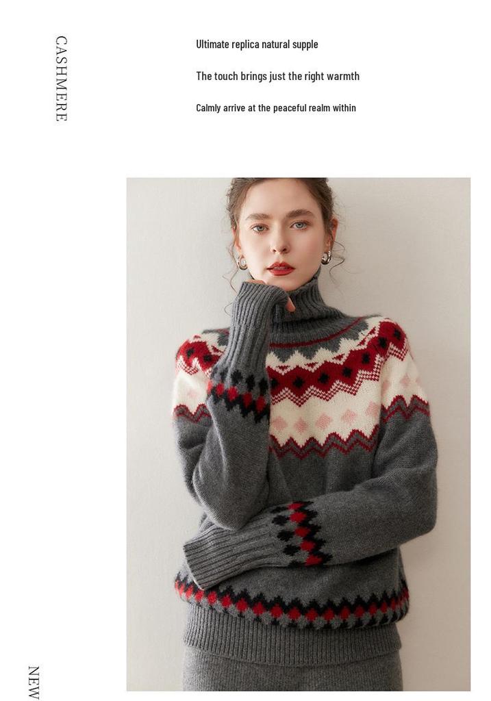 Women's High Neck Fair Isle Cashmere Sweater - Color Block Loose Knitwear for Autumn/Winter