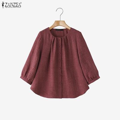 Women Casual Round Neck Solid Color 3/4 Sleeve Loose Blouse