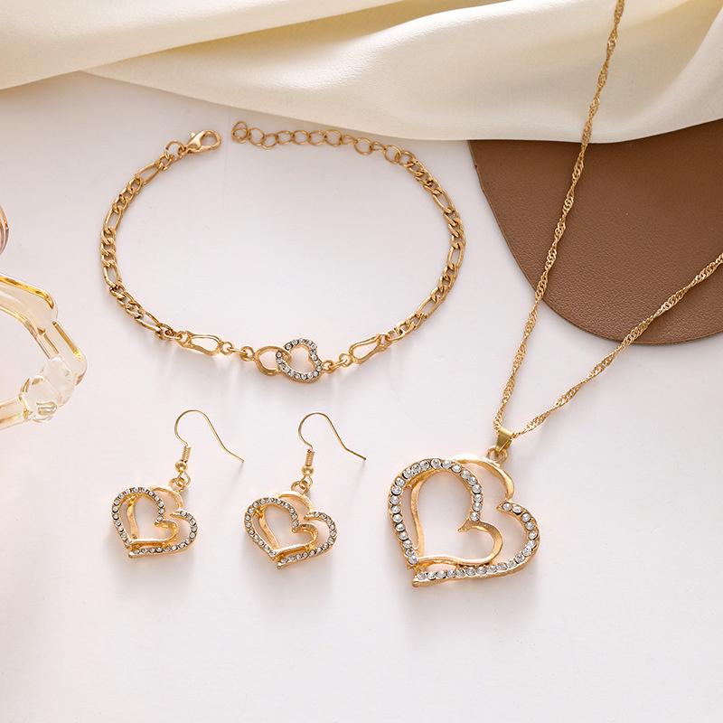 Sparkling  Double-Layer Hollow Heart-Shaped Pendant Necklace Women'S Temperament Versatile Jewelry Set