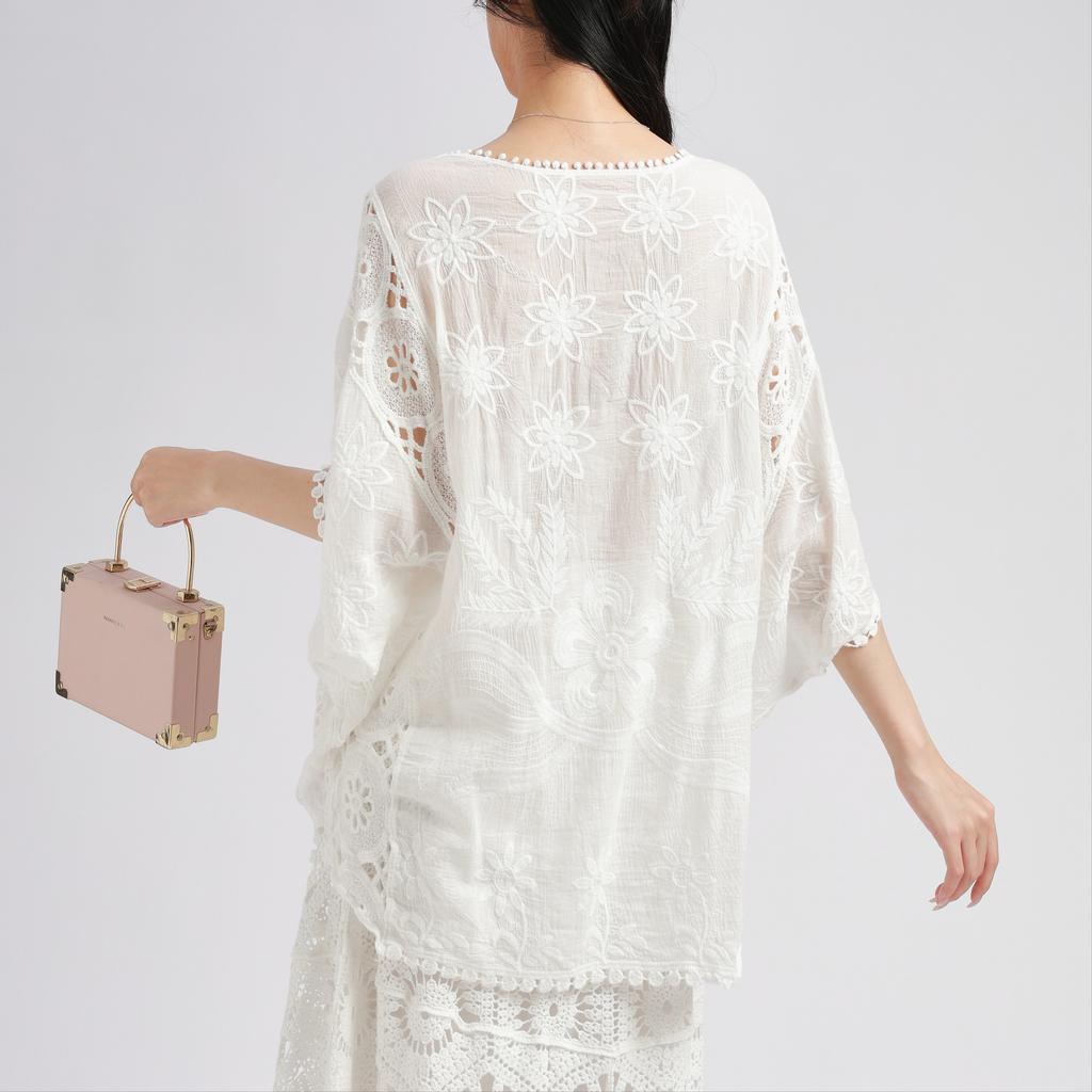 DIMANAF 2025 New Summer Basic Shirt Women Lace O-Neck Blouse Tops Tees Loose White Short Tees