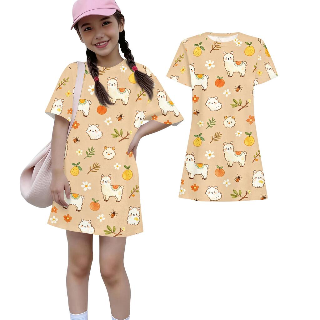 Girls Loose Fit Short Sleeve Dress Lightweight Summer Dress Kids Round Neck Dress with Animal Print Pattern Casual Kids Dress for Everyday Wear
