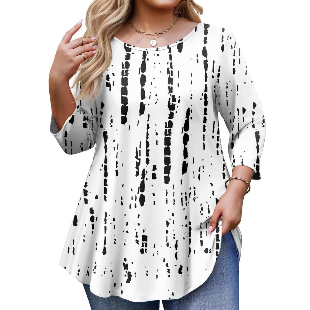 Top Moda da Donna Stampa Floreale Taglie Forti Manica 3/4 Orlo Arrotondato Girocollo