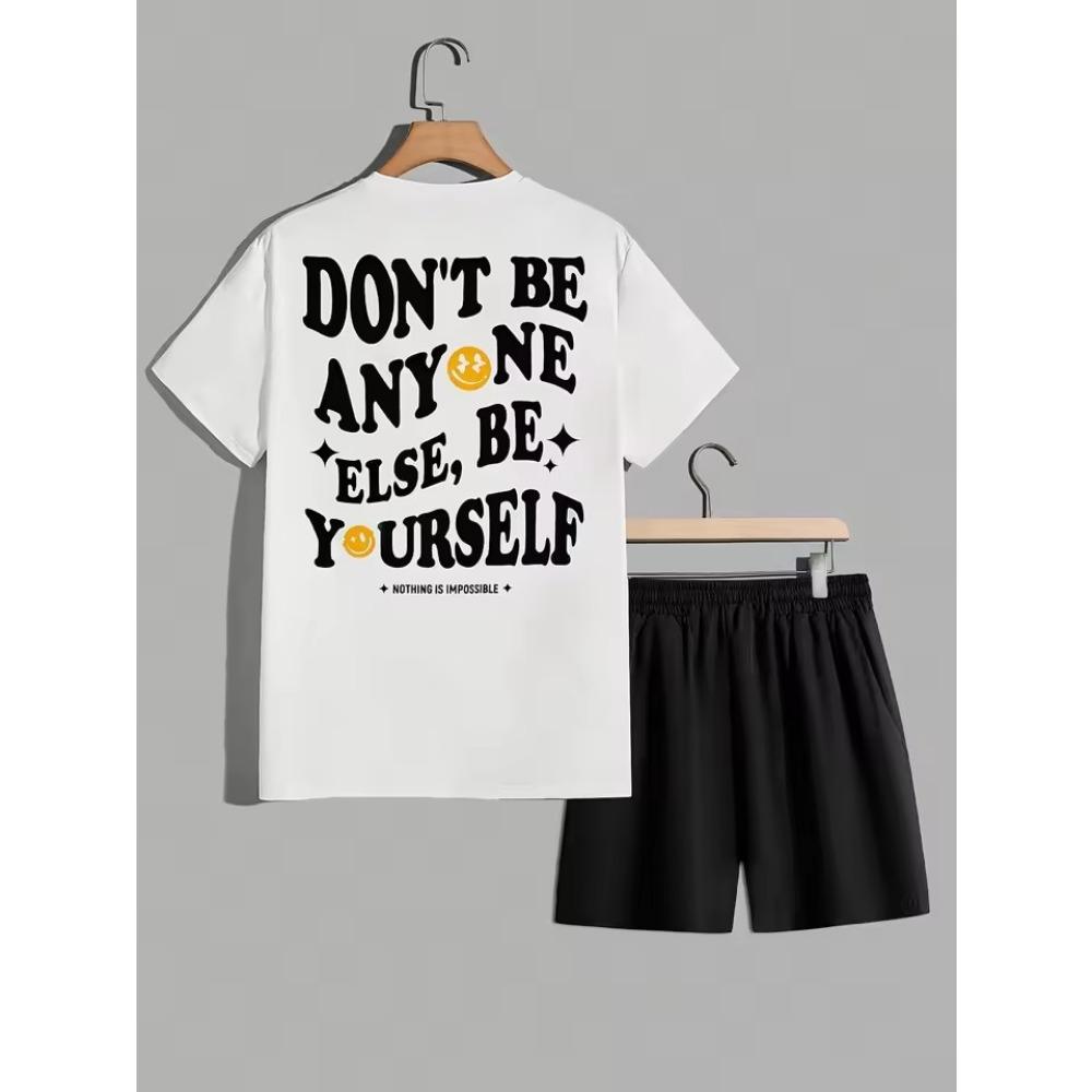 Men's New Summer Fashionable Breathable Round Neck Top Paired with Letter Pattern Drawstring Shorts Casual Sweat Wicking Set