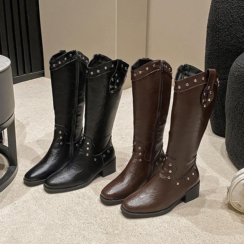 New Fashion French Willow Spike Skinny Pointed Toe High Heel Boots American Vintage Black Tall Boots motorcycle boots