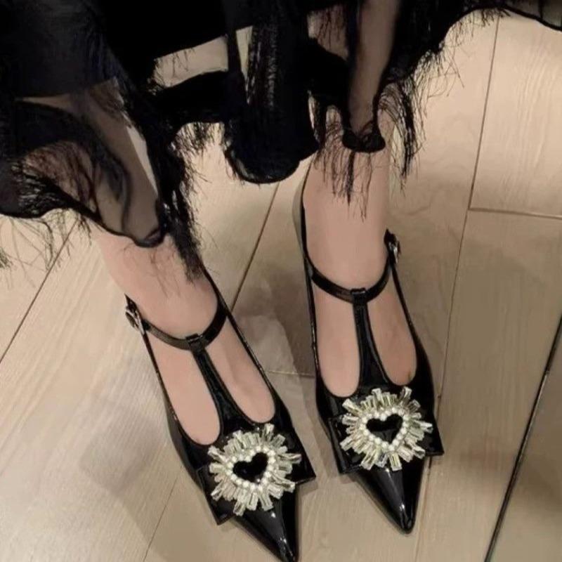 Women's Coarse Heel Shoes Spring New Pointed Head Shallow Mouth Diamond-like Buckle Non-slip Wear-resistant High Heels
