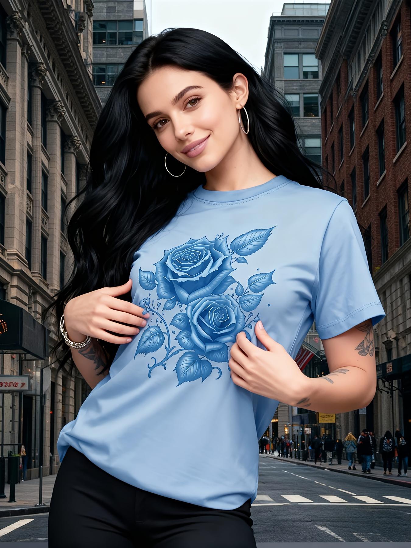 Blue Rose Floral Women s Tee - Casual Light Blue Graphic Top S