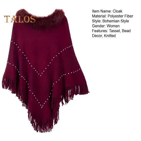 Women Fall Winter Cloak Tassel Bead Decor Faux Fur Decor Triangle Shape Solid Color Knitted Keep Warm Elastic Poncho Shrug Bohemian Style Cable Wrap