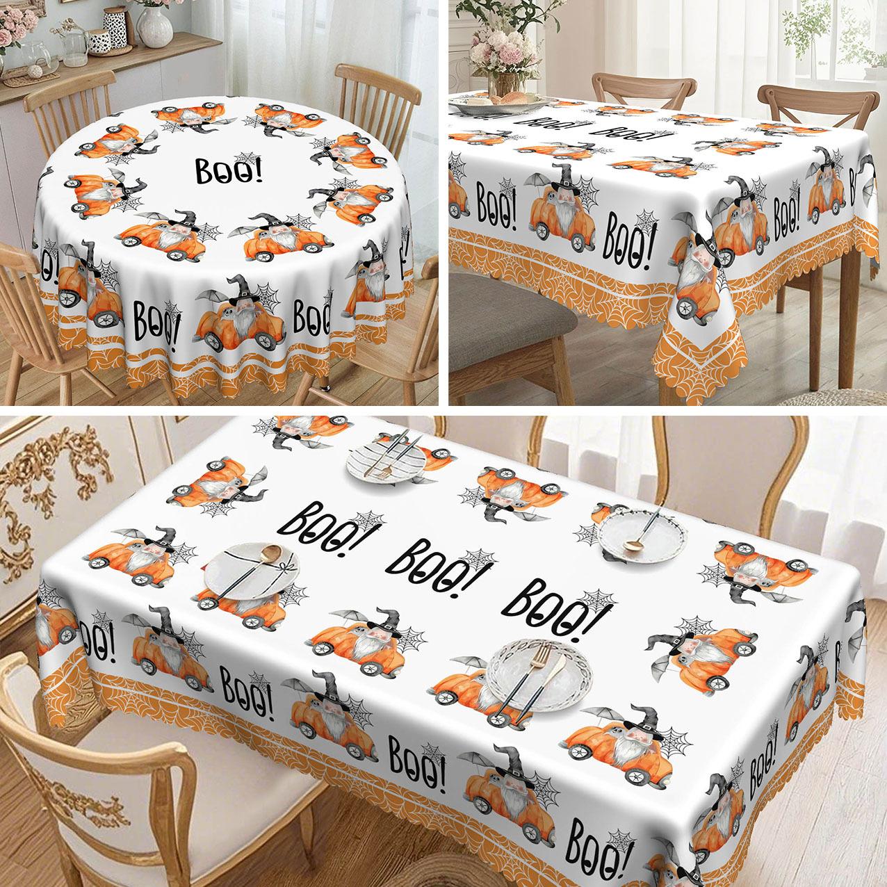 1 Round Tablecloth Rectangular Tablecloth, White Background With Orange Car, Boo, Spider Web. Round tablecloth-152x152cm фото
