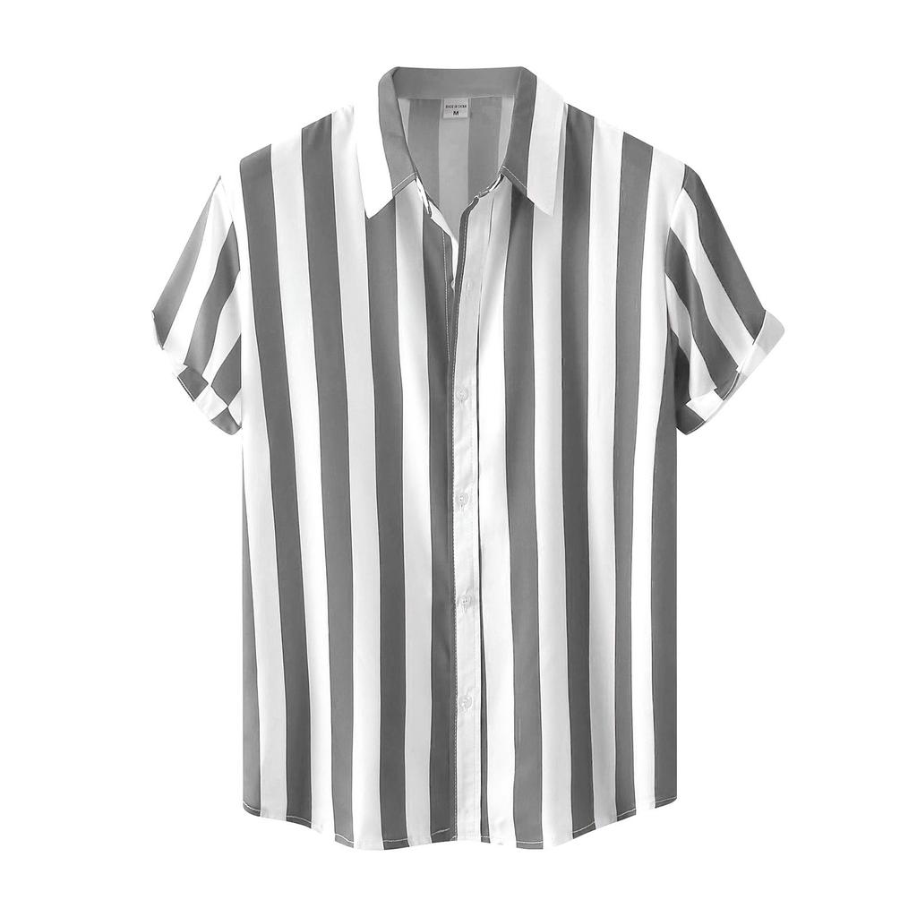 Men's Casual Holiday Stripe Printed Short Sleeve Top Cozy Lapel Short Sleeve Shirt