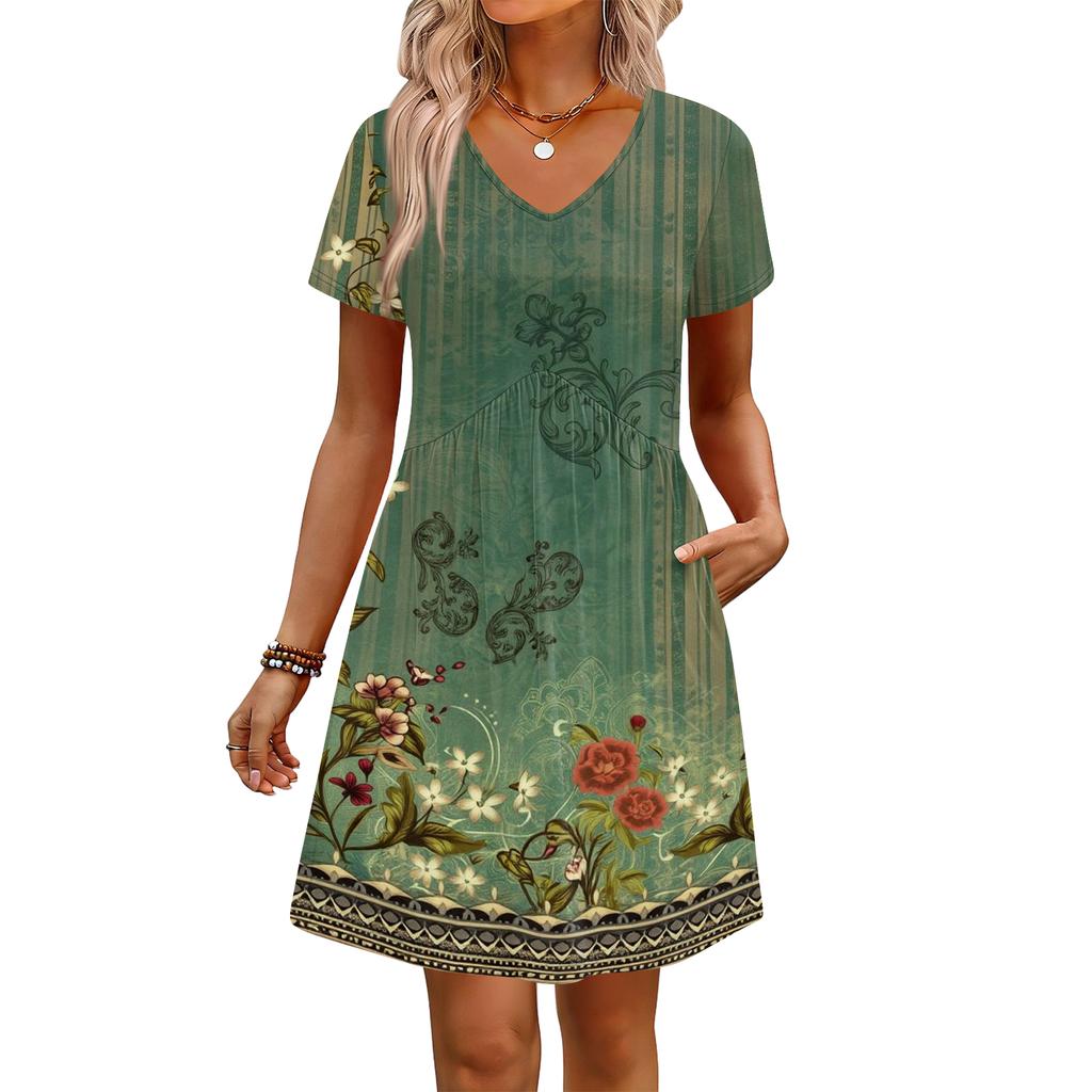 Modisches Damenkleid mit Print, V-Ausschnitt, kurzärmelig, locker, lässig, für den Strandurlaub