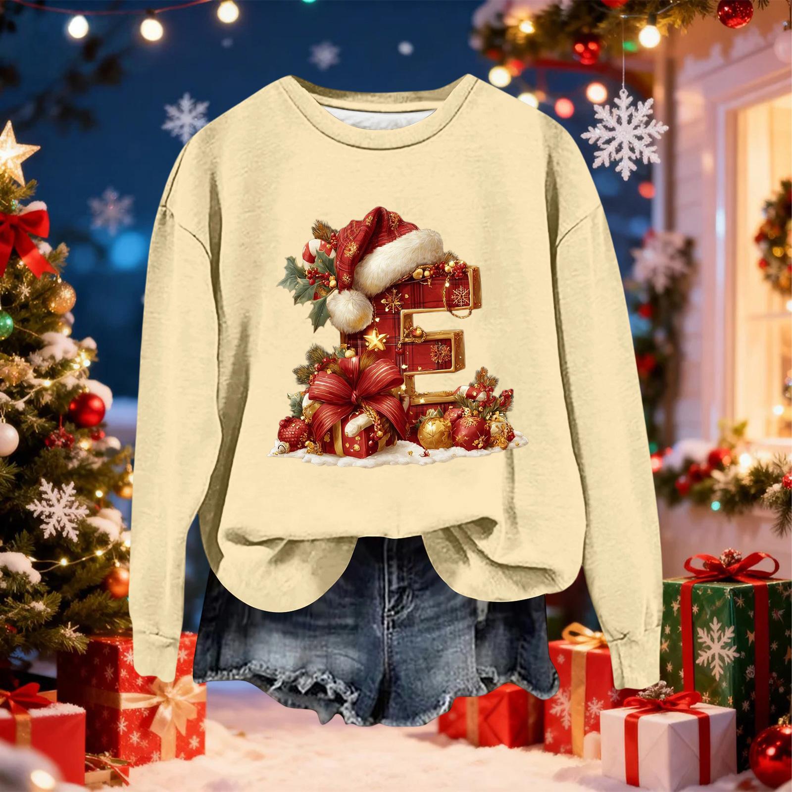 

Женский модный повседневный свитшот с длинными рукавами и рождественским принтом в виде букв, с круглым вырезом L бежевый