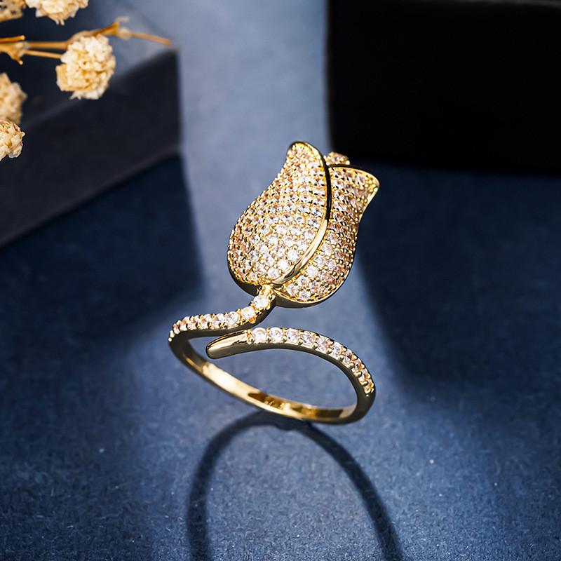 Copper Flower Rings With Dazzling Cz Aesthetic Wedding Accessories Female Opening Rings Fashion Jewelry resizable