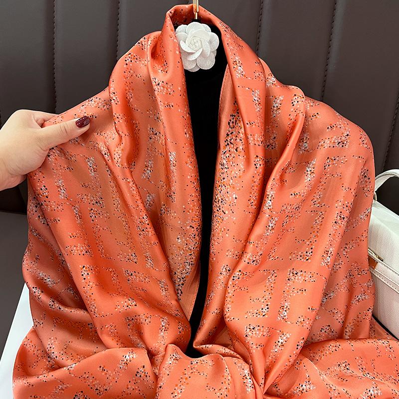 

Letter long scarf, simulated silk brocade silk scarf, beach towel, summer new tourist women s sunscreen fashion silk scarf