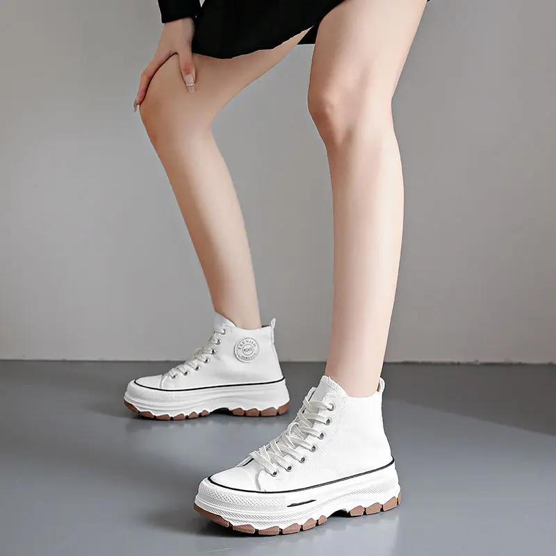 New Women High Top Sneakers Lace-Up Casual Plarform Height Canvas Non-slip Wear Resistant Fashion Spring Female Vulcanize Shoes