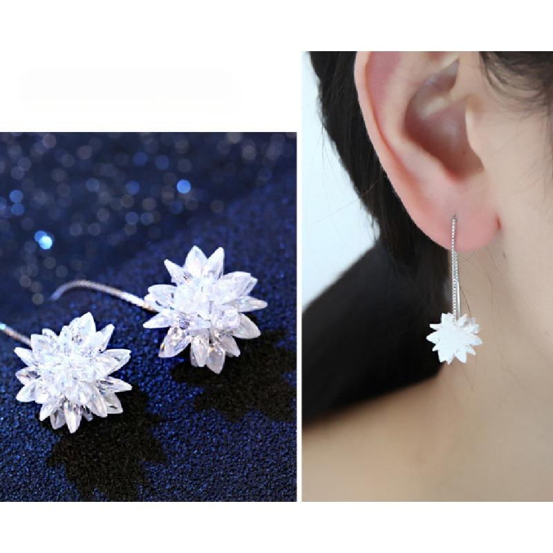 925 Silver Ice Flower Earring Thread Earrings Light Luxury All-Match Ear Line Earrings Tassel Earrings Silver