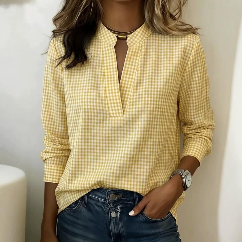 Women Plaid Print Blouse Long Sleeve V Neck Tie Neck Casual Loose Fit Top