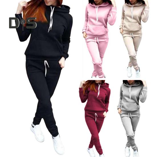 2 Pcs/Set Women Hoodie Pants Suit Solid Color Plush Long Sleeves Thick Top Elastic Waist Ankle-banded Trousers Sport Fitness Outfit Fall Winter