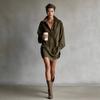 Women Suede Oversized Shirt Dress Collared Neck Casual Loose Fit Mini Dress with Contrast Details