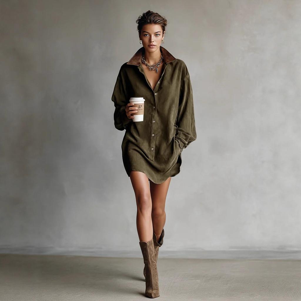 Women Suede Oversized Shirt Dress Collared Neck Casual Loose Fit Mini Dress with Contrast Details