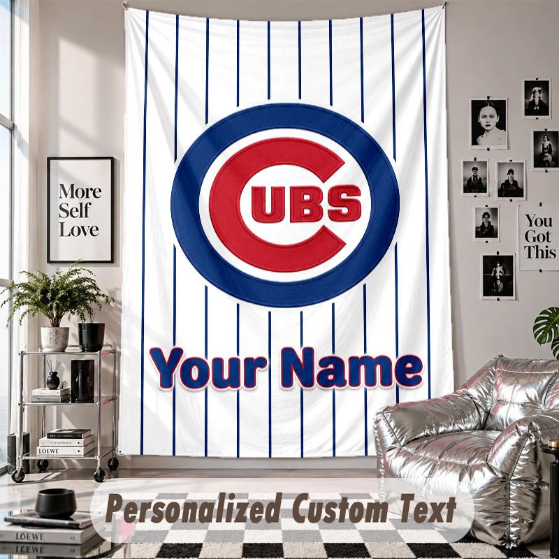 Wall Hanging Tapestry With Custom Name & Text, Chicago Cubs Decorative Tapestry For Bedroom