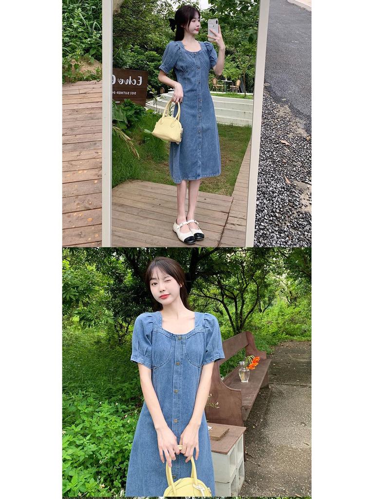 Women's Summer Bubble Sleeve Denim Dress - Age-Defying, Waist-Cinching, Slimming, Large Size.