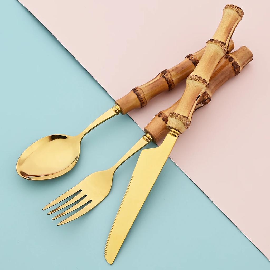 20Pcs Mirror Stainless Steel Cutlery Set Wood Bamboo Root Handle Dinnerware Knife Spoon Cake Fork Tableware Kitchen Silverware
