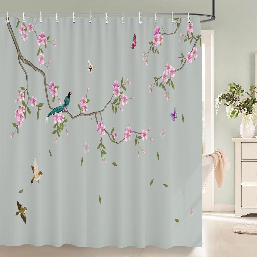 Mönster med blommor och fåglar Duschdraperi 3D Badskärm Vattentätt tyg Badrumsinredning 240X180cm Med krok Duschdraperier