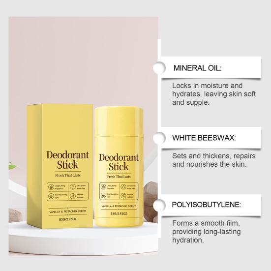 83G Vanilla & Pistachios Deodorant Stick, Odor Protection Perfumed Stick for Women & Men, Long Lasting Fresh Scent Underarm Care Cream Stick
