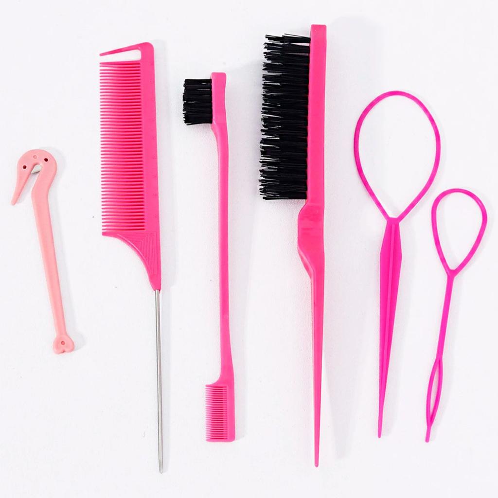 6pcs Hairdressing tool set,weaving tool ring,rat tail comb,tearing comb brush,edge control brush,suitable for all hair types