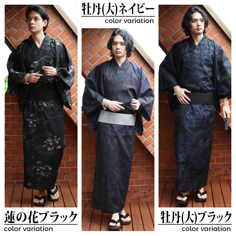 Yukata Set with Japanese Lotus Flower Size Includes and Geta Sandals 8(eight) Men's 3-Piece Pattern, Black, LL, Yukata, Obi,