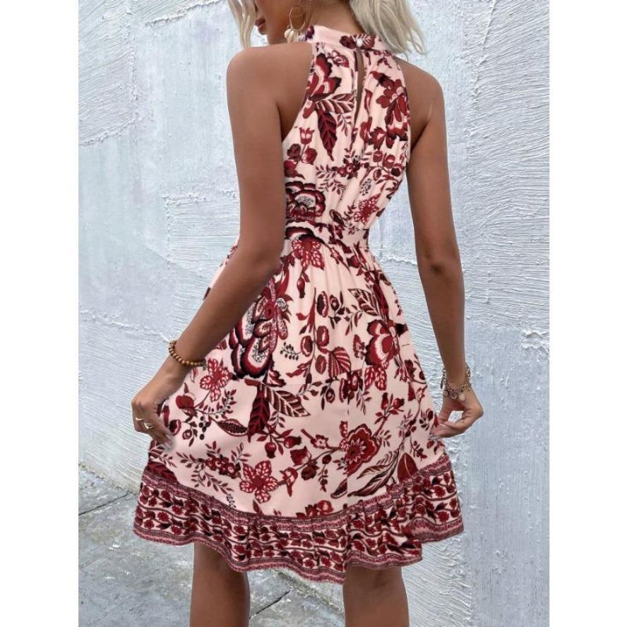 YYFS Dámská móda Léto Jaro Květinový potisk Bez rukávů Ležérní šaty se zavěšeným krkem a vysokým pasem