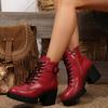 Fashion Fashion High Heel Boots Women's Round Toe Metal Buckle Side Zip Front Lace-Up Platform Non-Slip Shorthole Boots