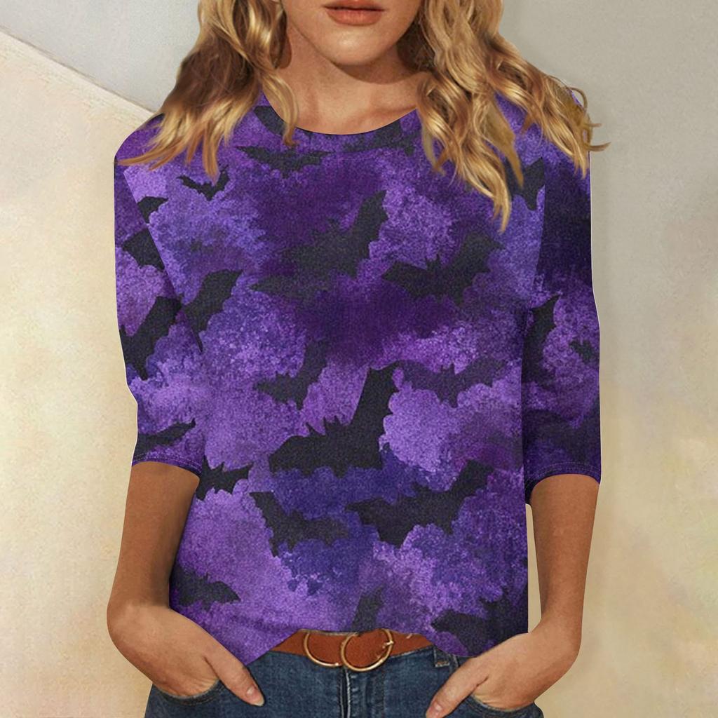 Women's Fashion Casual Three-quarter Sleeve Halloween Printed Round Neck Top
