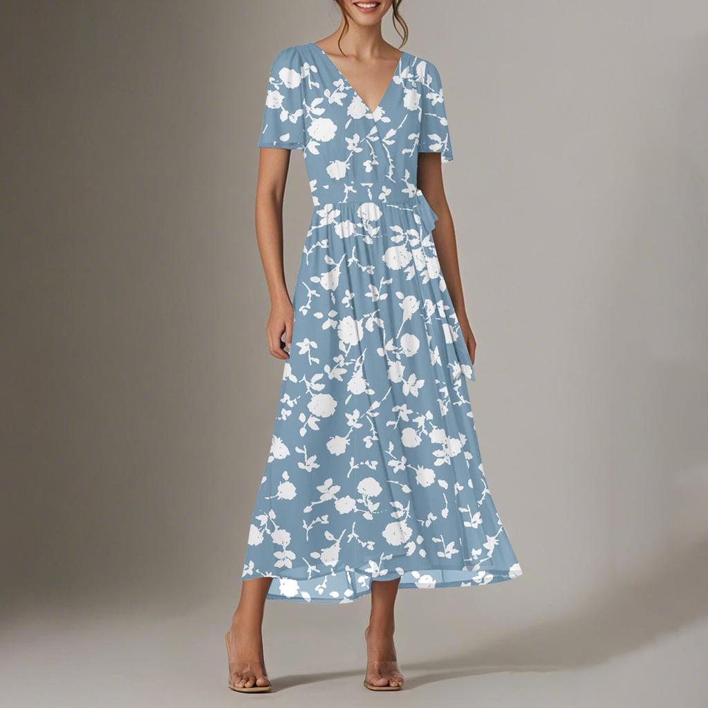 Women's Summer Floral Bohemian Dress Wrap V Neck Short Sleeves Ruffle A-Line Flowy Maxi Dress Summer Dresses For Women
