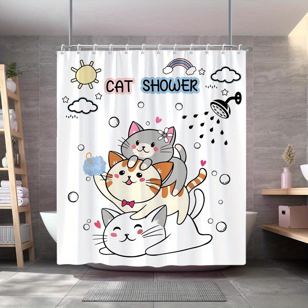 Cute Cat Shower Curtain Playful Cartoon Cats Rainbow Hearts Design Vibrant Cat Shower Theme Polyester Easy Clean With Hooks