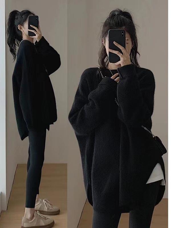 Women's 100% Pure Wool Mid-Length Pullover Sweater - Autumn/Winter Japanese Retro Style with Slit Design.