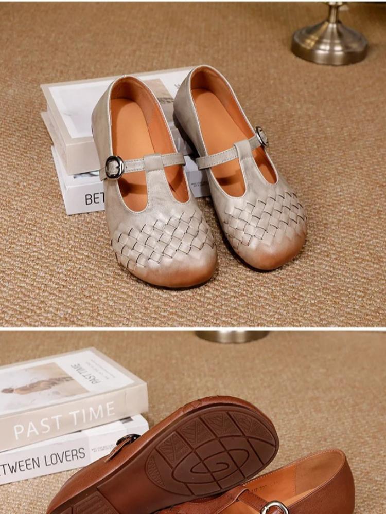 Johnature Pánské boty z pravé kůže, tkané, měkká podrážka, retro přezka, univerzální dámské baleríny