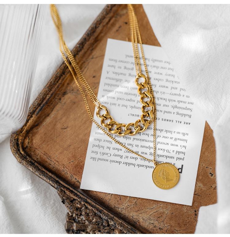 Women's Elegant Double-Layer Coin Chain Necklace, European American Retro Style, 18K Gold-Plated Titanium Steel Clavicle Jewelry