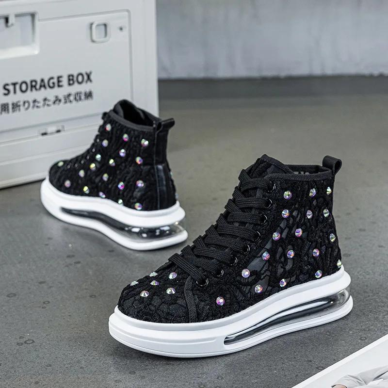 

Fashion 4.5CM Women Summer Air Mesh Shoes Mules Shoes Bling Diamond Lace Platform Wedge Microfiber Platform Wedge Hollow Slides Sandals 34 чёрный