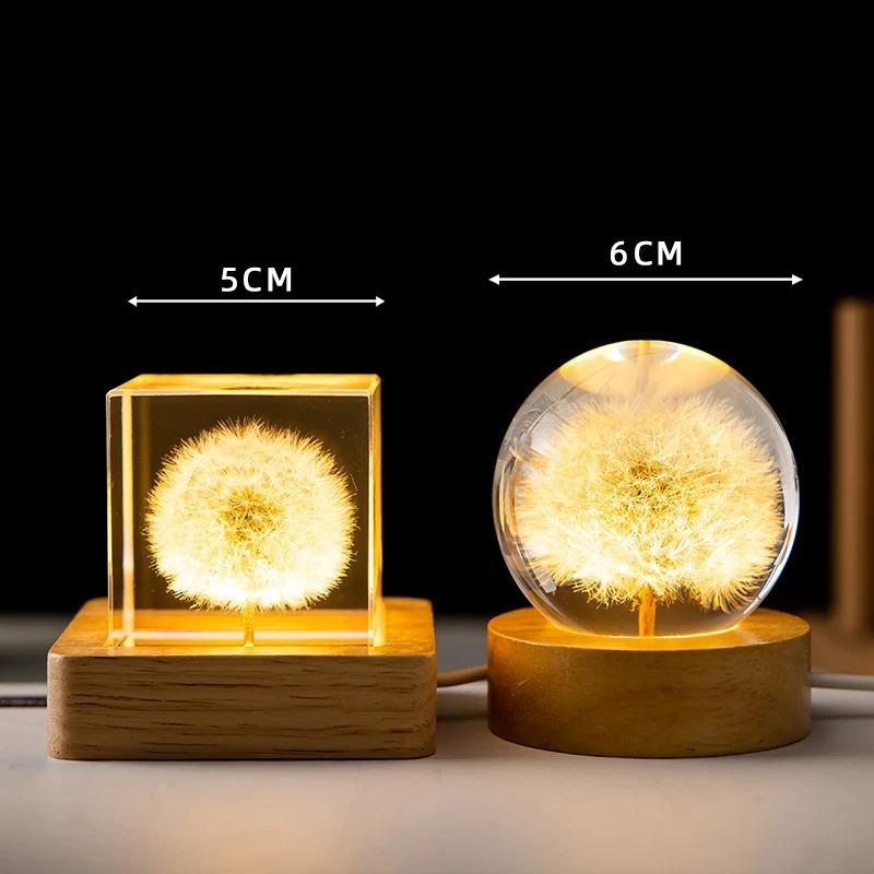 3D Dandelion Crystal Ball 5cm 6cm Luminous Flower Crystal Ball Beech Wood Stand Preserved Flower Sphere Ball Desktop Ornaments