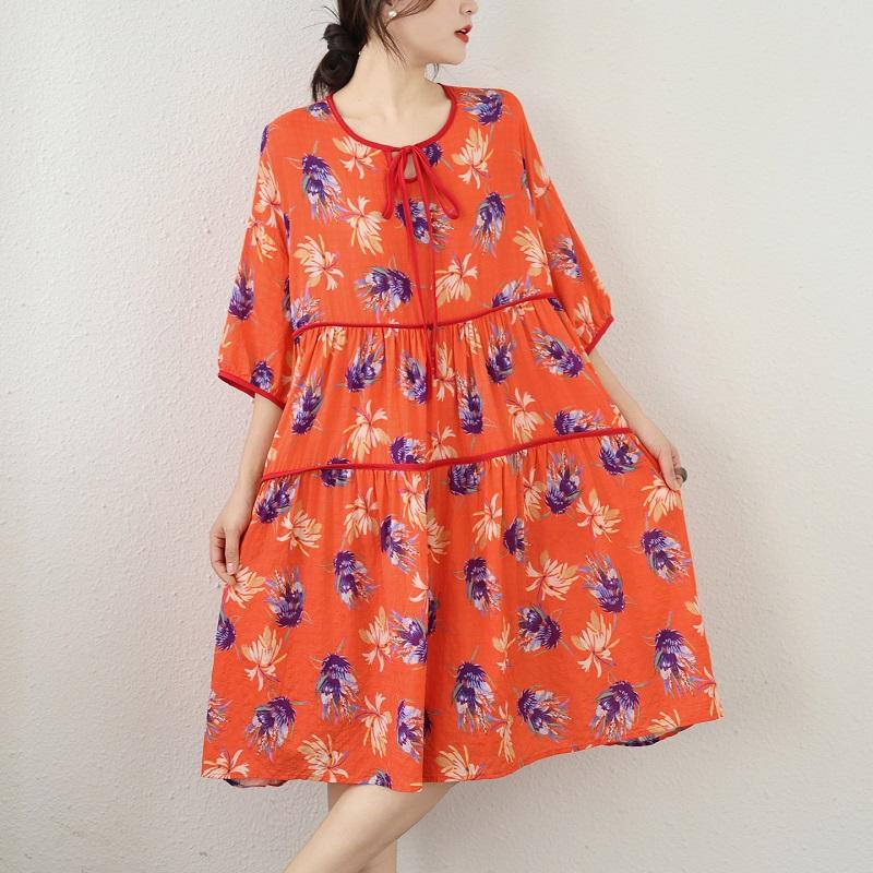Kurzarm Übergröße Baumwoll-Leinen Vintage floral Neu im Sortiment Kleider für Damen Freizeit locker Midi Sommerkleid
