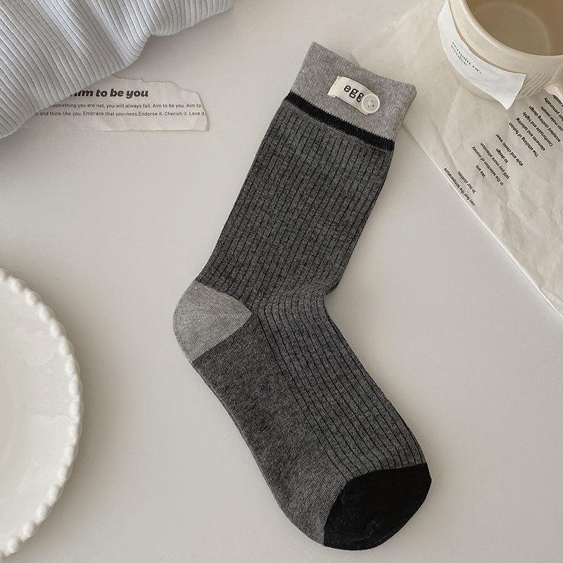 Female Autumn New Color Matching Button Cloth Label In The Tube Pile Socks