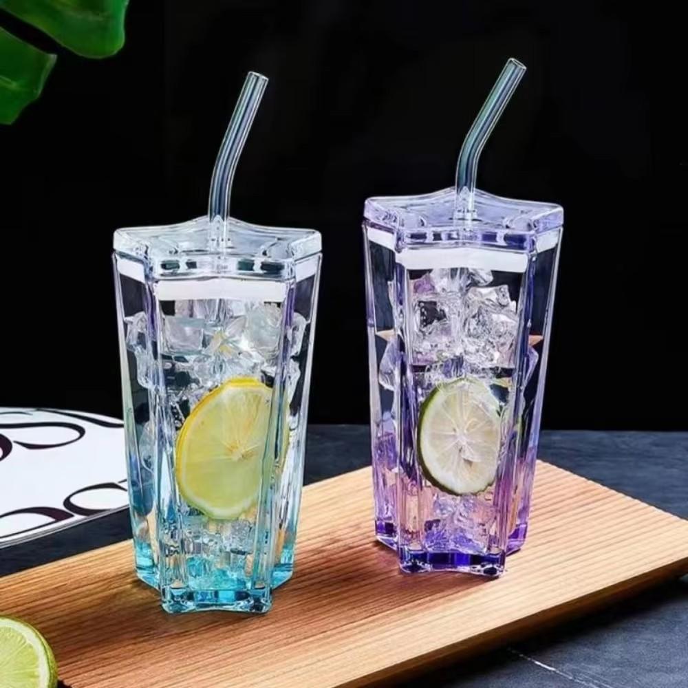 300ML Five Pointed Star Glass Straw Cup Ins High Beauty Gradient Star Cup with Lid Home New Network Red Drinking Cups Drinkware 300ml