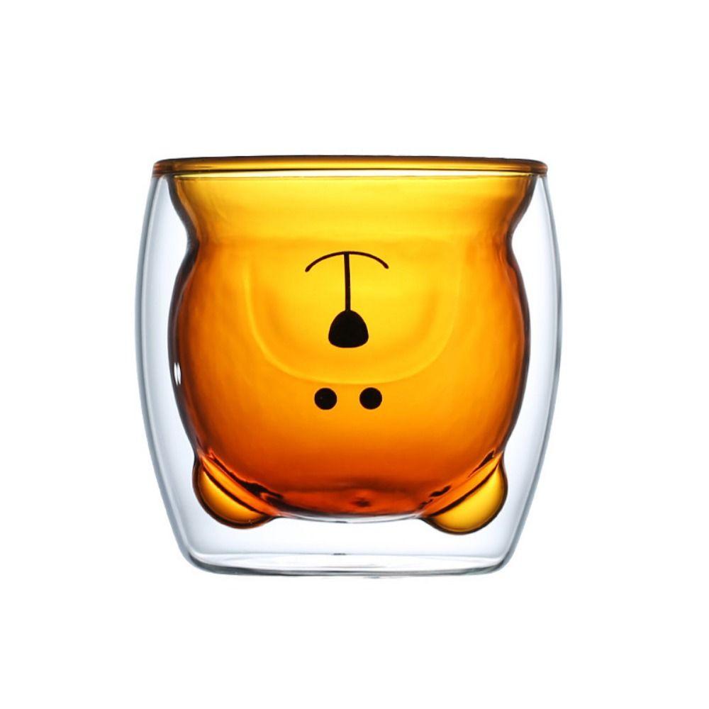 

Creative Glass Cup Double Wall Glass Water Drinking Cup Personal Coffee Mug Office yellow bear