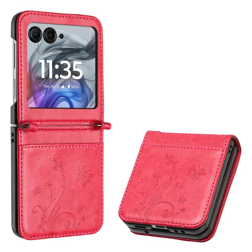 For Motorola Razr 60/50 5G Leather Case Butterfly Flower Imprinted Phone Cover with Strap