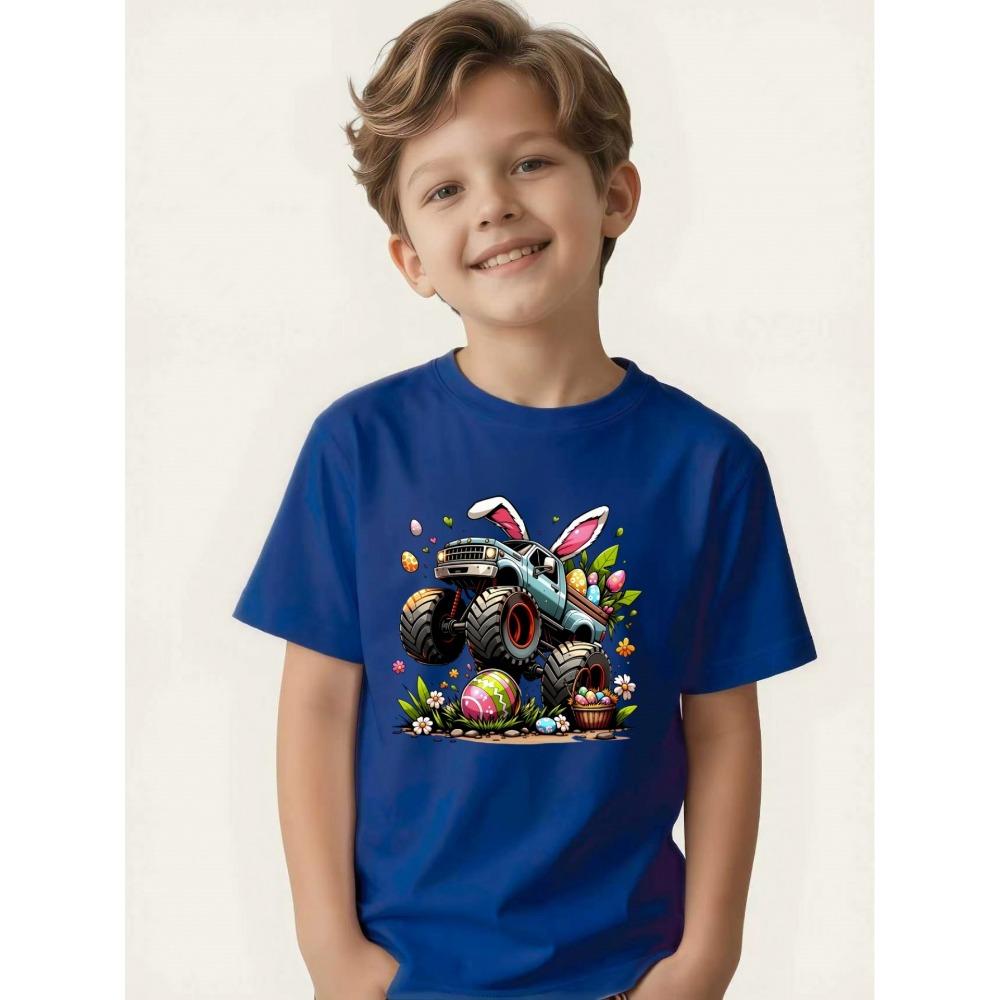 Children's T-shirt Bunny Ears Big Wheel Easter Egg Flower Print Boys Festival Short Sleeve