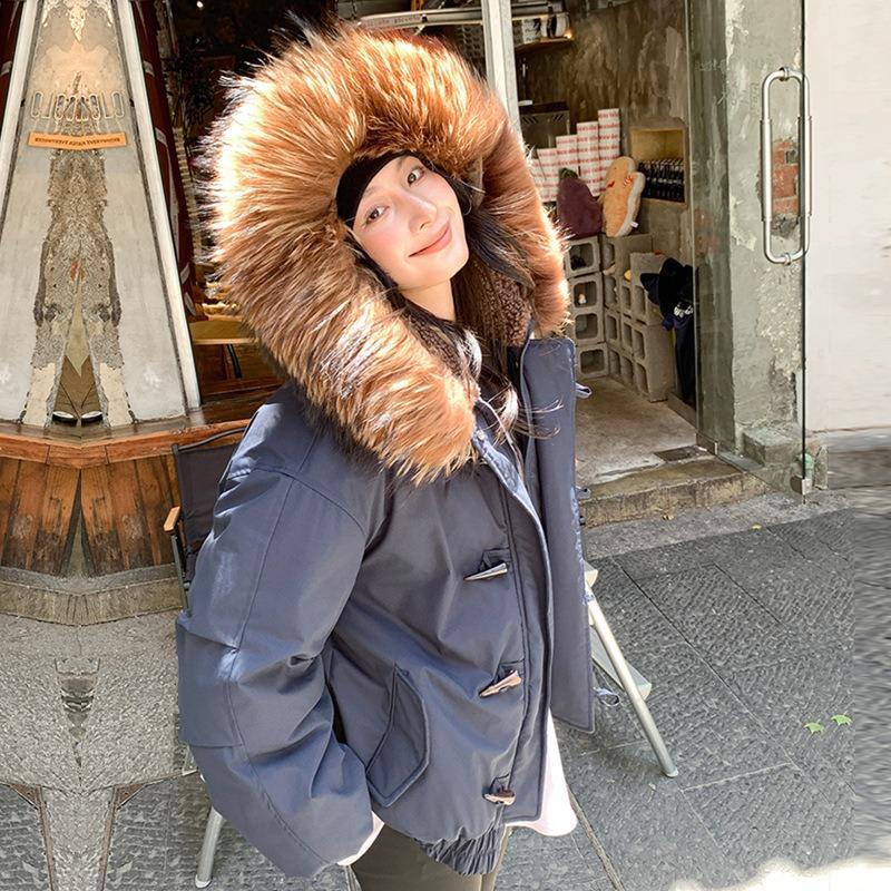 Winter raccoon fur collar down cotton-padded jacket for women's winter thickened warm horn buckle hooded cotton-padded jacket tide