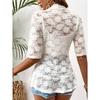 Elegant Women's Open Collar Contrast Lace Jacket - Lightweight Semi-Sheer Black & White Lace Panels, Spring Summer Fall Casual Chic Outerwear,