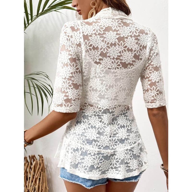 Elegant Women's Open Collar Contrast Lace Jacket - Lightweight Semi-Sheer Black & White Lace Panels, Spring Summer Fall Casual Chic Outerwear,