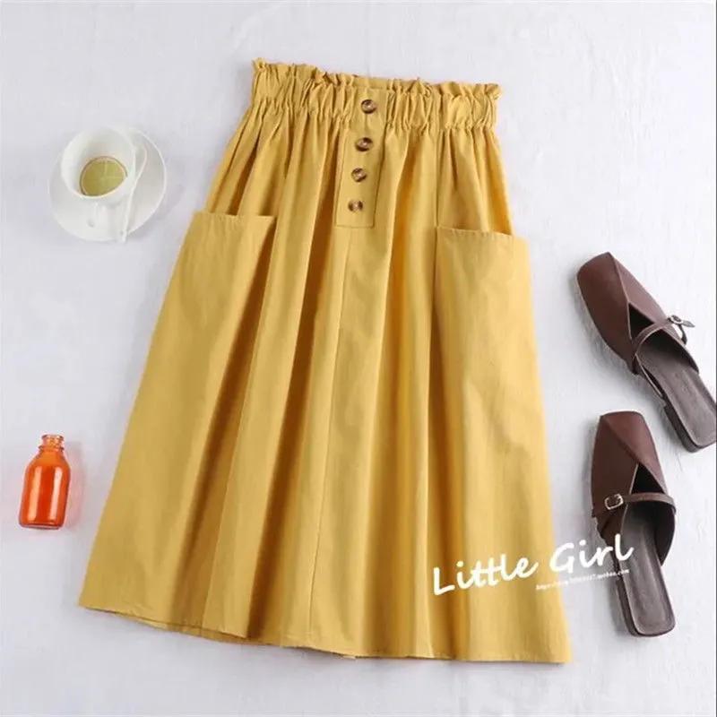 Women Casual Skirt Elastic High Waist A-Line Skirt with Large Hem Solid Color Buttons Decor Pockets Midi Skirt